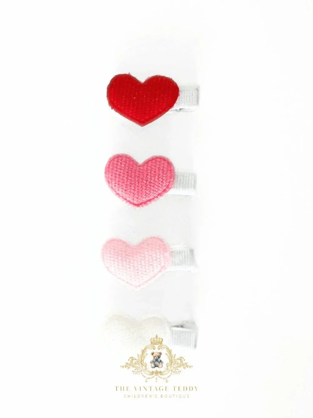 NWT Adorable Girls Hair Clips Fabric Plush Hearts Red Pink White Set of 4, Small